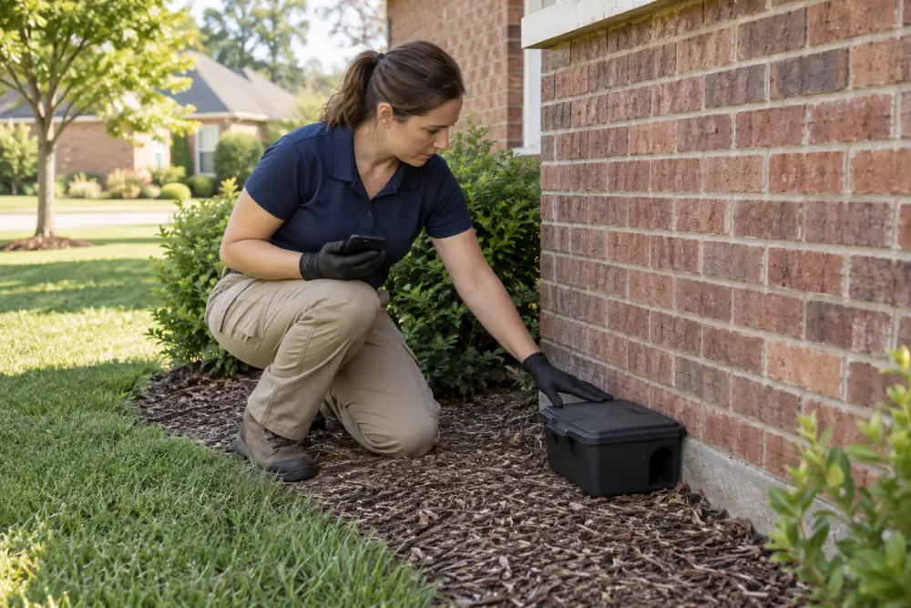 A technician kneels beside a rodent bait station against a brick wall and checks it, phone in hand