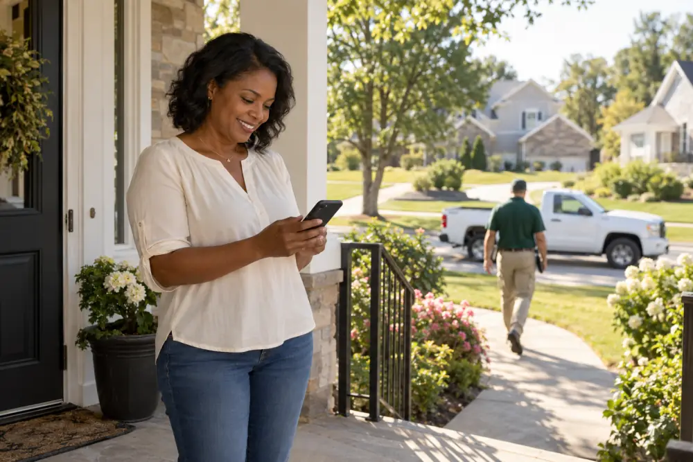 A homeowner on her porch reads the service report on her phone while the technician walks back to the truck