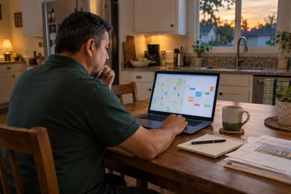 A pest control business owner plans routes and recurring services on a laptop at the kitchen table