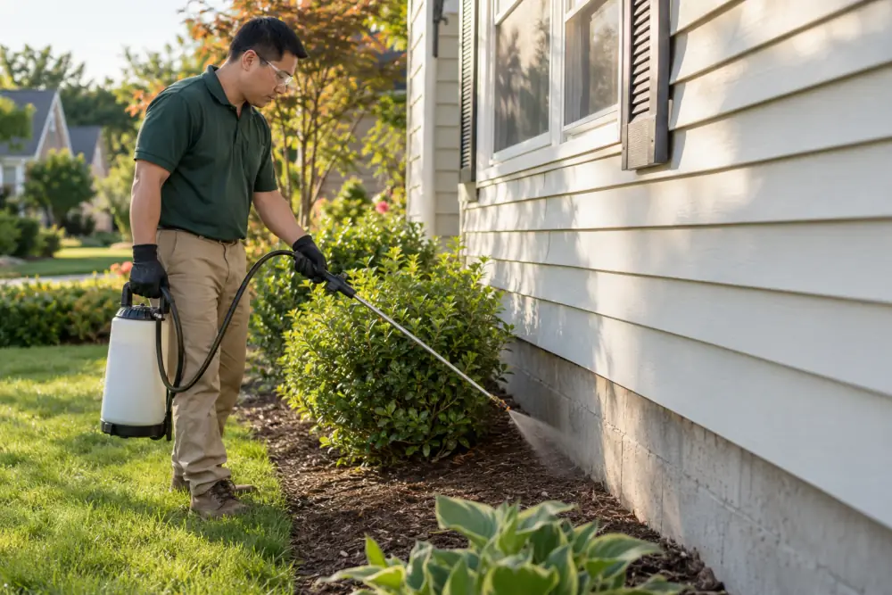 A technician wearing gloves and safety glasses treats the foundation of a house with a handheld sprayer