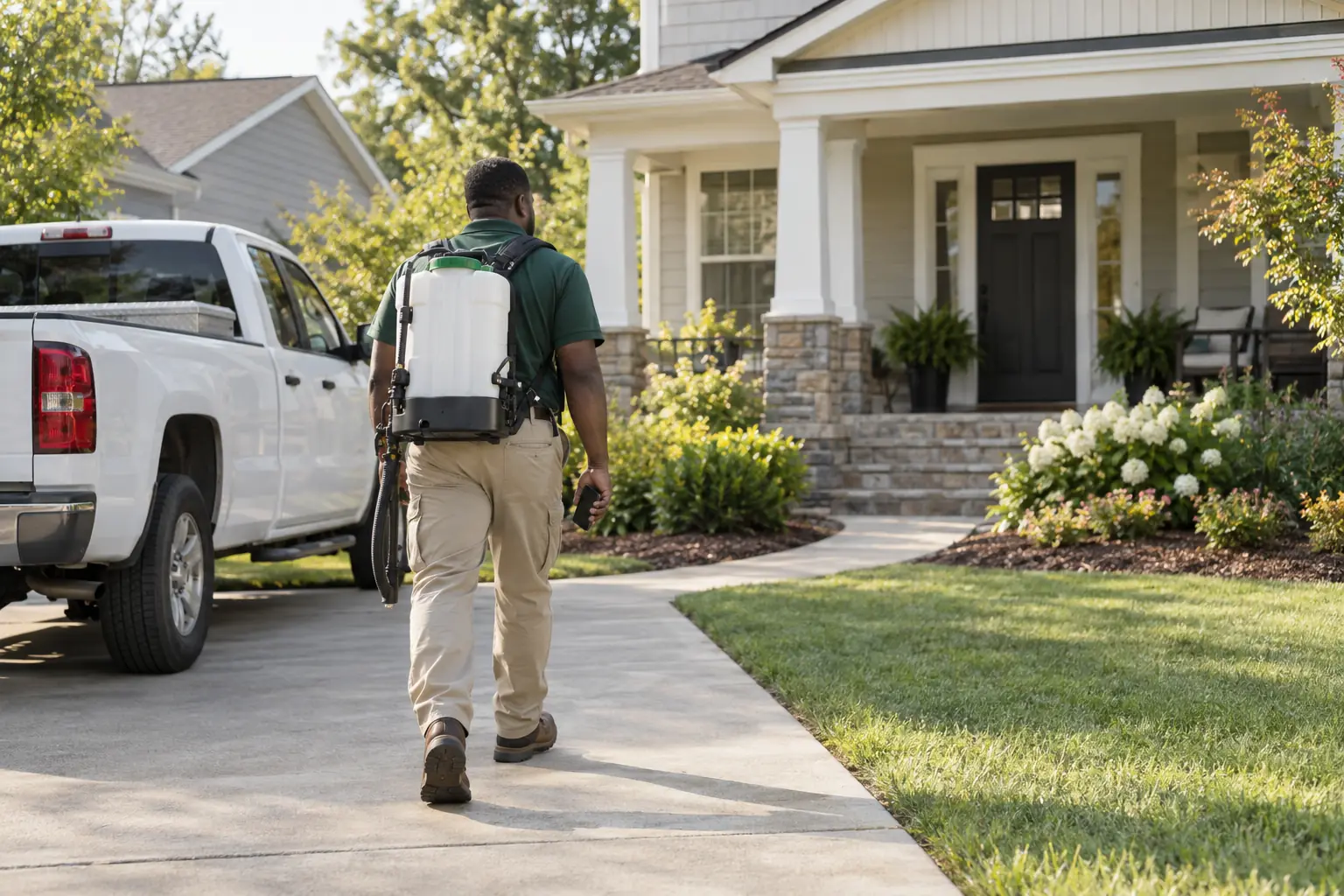 A pest control technician with a backpack sprayer walks up the driveway of a suburban home, past a white service truck